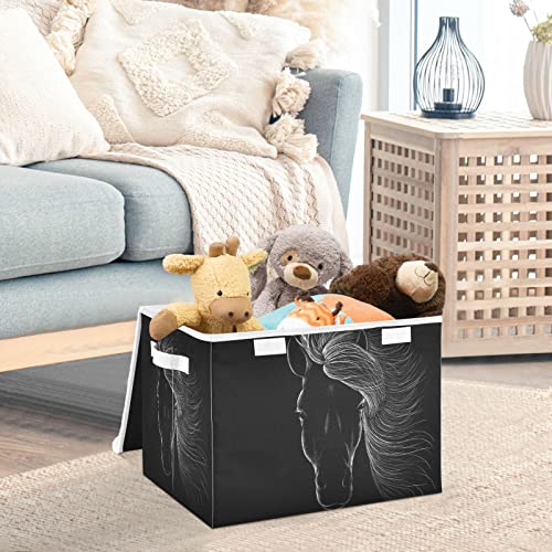 Kigai Black Horse Storage Bins Foldable Large Cube Storage Box with Lids and Handles for Home Organizer Closet Office Decor 16.5x12.6x11.8 In