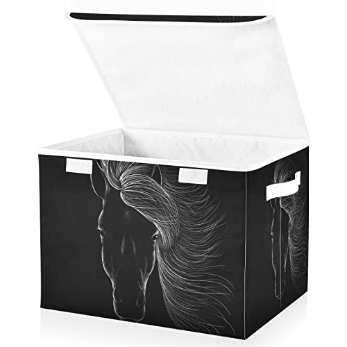 Kigai Black Horse Storage Bins Foldable Large Cube Storage Box with Lids and Handles for Home Organizer Closet Office Decor 16.5x12.6x11.8 In