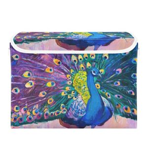 kigai peacock storage bins foldable large cube storage box with lids and handles for home organizer closet office decor 16.5x12.6x11.8 in
