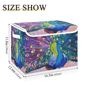 Kigai Peacock Storage Bins Foldable Large Cube Storage Box with Lids and Handles for Home Organizer Closet Office Decor 16.5x12.6x11.8 In