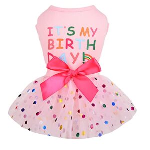 dog birthday dress, it's my birthday pet dog outfit, polka dots lace tutu dog clothes for small dogs girl, cat apparel, pink, x-small