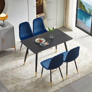 nordicana 5-piece dining table set, 47 in modern rectangle kitchen table & 4 navy velvet upholstery side chairs, metal legs, dining room set for 4
