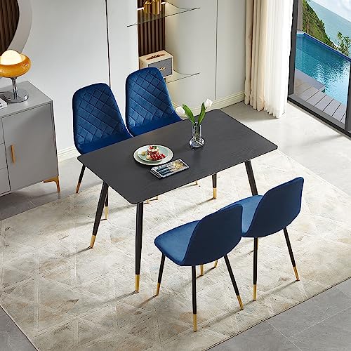 NORDICANA 5-Piece Dining Table Set, 47 in Modern Rectangle Kitchen Table & 4 Navy Velvet Upholstery Side Chairs, Metal Legs, Dining Room Set for 4