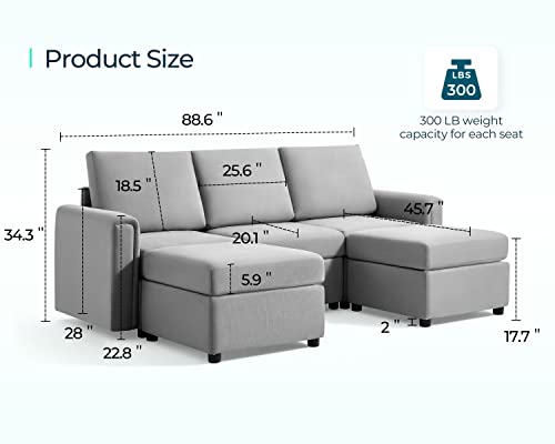 LINSY HOME Modular Sofa, Sectional Couch L Shaped Sofa with Storage, Modular Sectionals with Storage Space and Ottomans, Modern Small Sofa with Chaise for Living Room, Gray