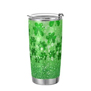 green glitter sparkle clovers travel mug insulated tumbler with lid and straw abstract lucky irish shamrock stainless steel vacuum double walled drinking cup keeps drinks cold&hot water bottle for t