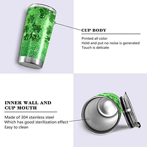 Green Glitter Sparkle Clovers Travel Mug Insulated Tumbler with Lid and Straw Abstract Lucky Irish Shamrock Stainless Steel Vacuum Double Walled Drinking Cup Keeps Drinks Cold&Hot Water Bottle for T