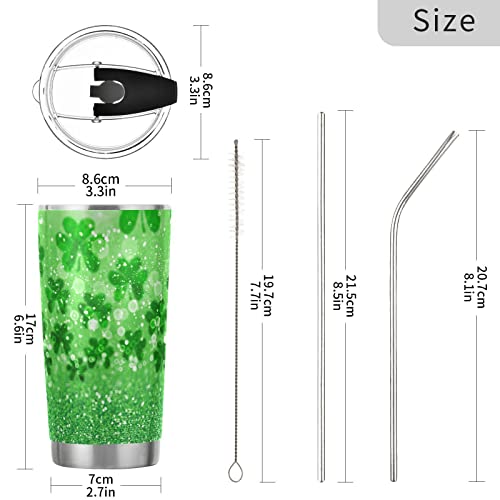 Green Glitter Sparkle Clovers Travel Mug Insulated Tumbler with Lid and Straw Abstract Lucky Irish Shamrock Stainless Steel Vacuum Double Walled Drinking Cup Keeps Drinks Cold&Hot Water Bottle for T