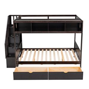 Twin Over Full Bunk Bed with Built-in Storage Shelves and 2 Drawers,Stairway Bunk Bed for Kids Bedroom, Home, Solid Wood Bunk Bed for Kids Teens Boys Girls, No Box Spring Needed