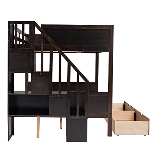 Twin Over Full Bunk Bed with Built-in Storage Shelves and 2 Drawers,Stairway Bunk Bed for Kids Bedroom, Home, Solid Wood Bunk Bed for Kids Teens Boys Girls, No Box Spring Needed