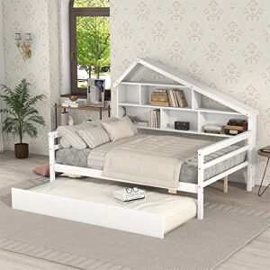 woanke full size daybed with trundle and shelves, solid wood platform bed frame, house bed for kids teens girls boys, no box spring needed, white