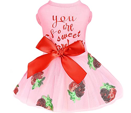 Dog Dress for Small Dogs Girl Summer Puppy Dresses Clothes Outfit for Chihuahua Yorkie Teacup Pink Dog Wedding Dress Holiday Cute Bowknot Pet Skitrt Apparel for Cats Clothing (XX-Large, Strawberry)