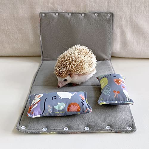 Handmade Multi-Function Flannel Small Animal Tunnel Sleeping Hideout Cave Nest with Pillows for Hedgehog Guinea Pig Rat Ferret Sugar Glider Squirrel Small Animal Beds (Grey)