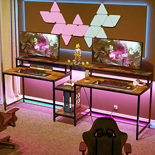 Tribesigns 93" Two Person Desk with USB Charging Port & Power Outlet, Large 2 People Computer Desks with Storage Hutch Shelves, Monitor Stand, Long Double Writing Study PC Gaming Table (Rustic Brown)