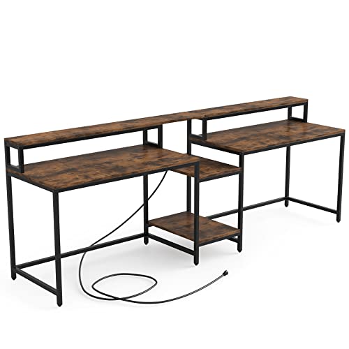 Tribesigns 93" Two Person Desk with USB Charging Port & Power Outlet, Large 2 People Computer Desks with Storage Hutch Shelves, Monitor Stand, Long Double Writing Study PC Gaming Table (Rustic Brown)