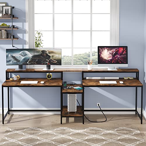 Tribesigns 93" Two Person Desk with USB Charging Port & Power Outlet, Large 2 People Computer Desks with Storage Hutch Shelves, Monitor Stand, Long Double Writing Study PC Gaming Table (Rustic Brown)