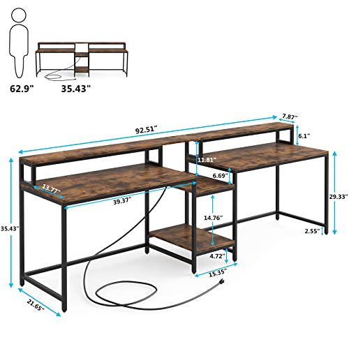 Tribesigns 93" Two Person Desk with USB Charging Port & Power Outlet, Large 2 People Computer Desks with Storage Hutch Shelves, Monitor Stand, Long Double Writing Study PC Gaming Table (Rustic Brown)