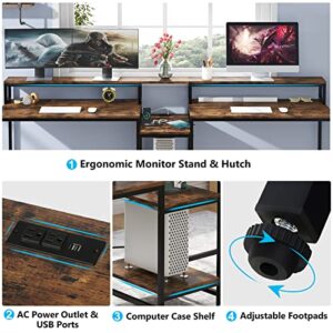 Tribesigns 93" Two Person Desk with USB Charging Port & Power Outlet, Large 2 People Computer Desks with Storage Hutch Shelves, Monitor Stand, Long Double Writing Study PC Gaming Table (Rustic Brown)