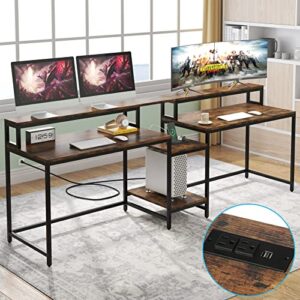 Tribesigns 93" Two Person Desk with USB Charging Port & Power Outlet, Large 2 People Computer Desks with Storage Hutch Shelves, Monitor Stand, Long Double Writing Study PC Gaming Table (Rustic Brown)