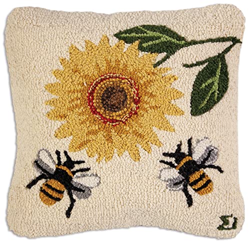 Chandler 4 Corners Artist-Designed Sunflower Bees Hand-Hooked Wool Decorative Throw Pillow (18” x 18”) Garden Pillow for Couches & Beds - Easy Care & Low Maintenance, Nature & Garden Throw Pillow