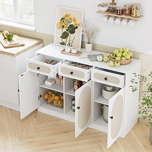 FOTOSOK Buffet Cabinet, Rattan Kitchen Cabinet with 3 Doors and 3 Drawers, Sideboard with Storage and Adjustable Shelves, Buffet Table for Dining Room Living Room Hallway