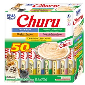 Churu INABA Cat Treats, Grain-Free, Lickable, Squeezable Creamy Purée Cat Treat/Topper with Vitamin E, Taurine, & Green Tea, 50 Servings, Tuna & Chicken Variety Box