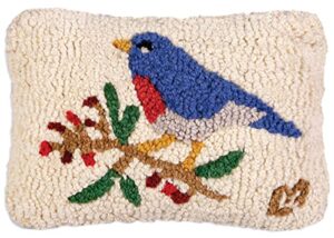 chandler 4 corners artist-designed bluebird and berries hand-hooked wool decorative throw pillow (8” x 12”) wildlife pillow for couches & beds-easy care, low maintenance nature & bird pillow