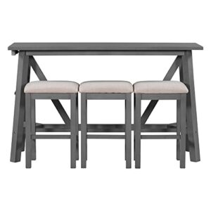 RuiSiSi 4 Piece Counter Height Bar Table Set Farmhouse Counter Height Dining Room Table Set with 3 Bar Stools, Gray