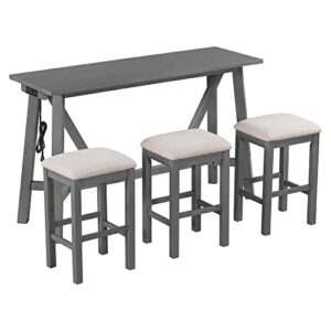 RuiSiSi 4 Piece Counter Height Bar Table Set Farmhouse Counter Height Dining Room Table Set with 3 Bar Stools, Gray