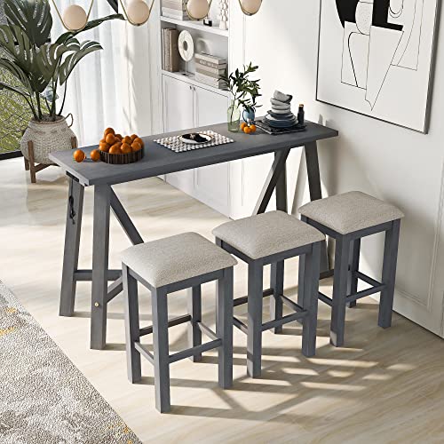 RuiSiSi 4 Piece Counter Height Bar Table Set Farmhouse Counter Height Dining Room Table Set with 3 Bar Stools, Gray