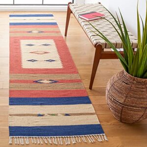 safavieh montauk collection runner rug - 2'3" x 7', blue & red, handmade boho tribal southwestern cotton fringe, ideal for high traffic areas in living room, bedroom (mtk552a)