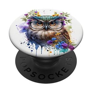 cute floral owl in glasses watercolor splash popsockets swappable popgrip