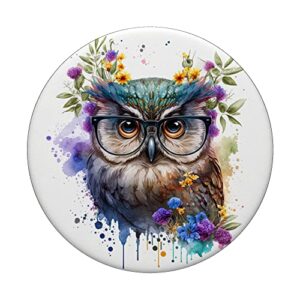 Cute Floral Owl In Glasses Watercolor Splash PopSockets Swappable PopGrip