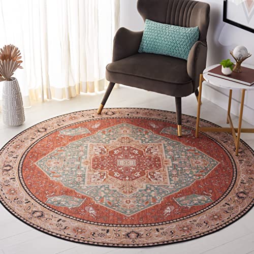 SAFAVIEH Tucson Collection Area Rug - 4' Round, Aqua & Rust, Traditional Persian Design, Non-Shedding Machine Washable & Slip Resistant Ideal for High Traffic Areas in Living Room, Bedroom (TSN150J)