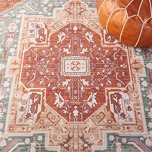 SAFAVIEH Tucson Collection Area Rug - 4' Round, Aqua & Rust, Traditional Persian Design, Non-Shedding Machine Washable & Slip Resistant Ideal for High Traffic Areas in Living Room, Bedroom (TSN150J)