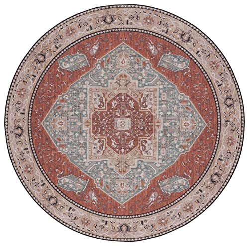 SAFAVIEH Tucson Collection Area Rug - 4' Round, Aqua & Rust, Traditional Persian Design, Non-Shedding Machine Washable & Slip Resistant Ideal for High Traffic Areas in Living Room, Bedroom (TSN150J)