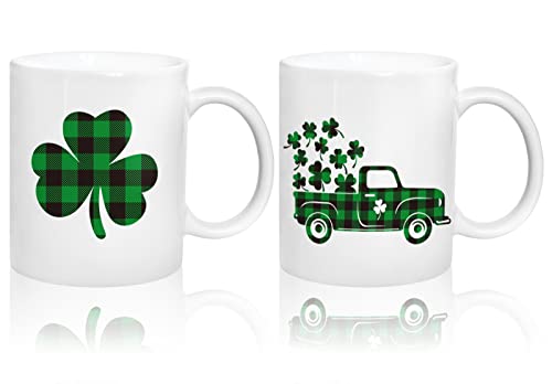 Whaline 2Pcs St Patrick's Day Mug Set 12oz Buffalo Plaid Shamrock Truck Coffee Mug Irish Ceramic Matching Mugs Party Cups for Home School Office Table Centerpieces Housewarming Gift