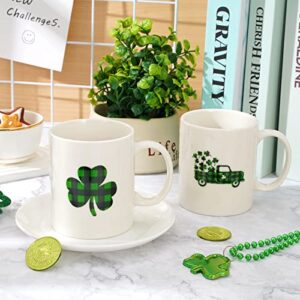 Whaline 2Pcs St Patrick's Day Mug Set 12oz Buffalo Plaid Shamrock Truck Coffee Mug Irish Ceramic Matching Mugs Party Cups for Home School Office Table Centerpieces Housewarming Gift