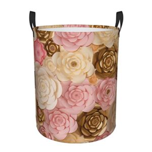 pink white gold flowers round laundry basket toy storage basket, storage bin with handle, suitable for bedroom, toys, boys, girls, toy room