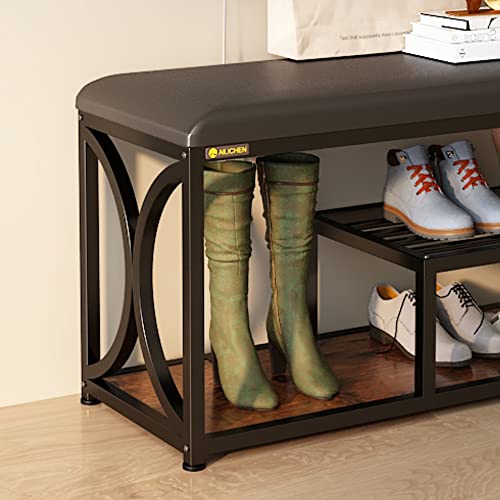 ALISENED Shoe Rack Bench for Entryway with Padded Seat,Industrial Entry Bench with Shoe Storage Shelf for Small Spaces,3-Tier Small Rustic Shoe Rack,Padded Storage Bench，Metal Frame,Space Saving