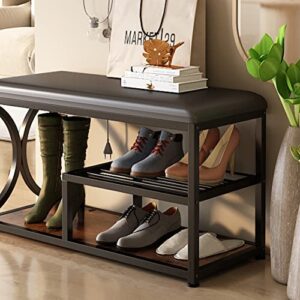 ALISENED Shoe Rack Bench for Entryway with Padded Seat,Industrial Entry Bench with Shoe Storage Shelf for Small Spaces,3-Tier Small Rustic Shoe Rack,Padded Storage Bench，Metal Frame,Space Saving