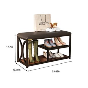 ALISENED Shoe Rack Bench for Entryway with Padded Seat,Industrial Entry Bench with Shoe Storage Shelf for Small Spaces,3-Tier Small Rustic Shoe Rack,Padded Storage Bench，Metal Frame,Space Saving