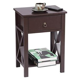 royard oaktree nightstand with drawer and x-side shelf modern end side table with shelf storage wood night stand bedside table for bedroom home office,brown