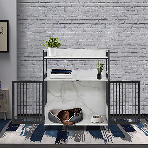 MCombo Furniture Style Dog Crate with Storage Shelves, Heavy Duty Wooden Dog Crate End Table, Triple Doors Dog House Home Indoor Use, 1368 (White)