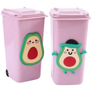 ultechnovo recycle bin small trash can with lid, 2pcs plastic mini wastebasket with avocado pattern for home office kitchen vanity bedroom bathroom and funny gift garbage truck