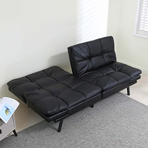TMEOSK 71" PU Convertible Futon Sofa Bed, Modern Folding Lounge Couch Loveseat Sleeper Sofa, Upholstered Couch with Adjustable Back for Living Room Bedroom Apartment (Black + PU)