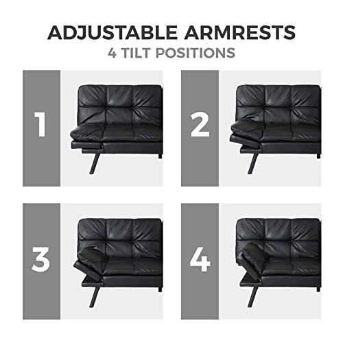 TMEOSK 71" PU Convertible Futon Sofa Bed, Modern Folding Lounge Couch Loveseat Sleeper Sofa, Upholstered Couch with Adjustable Back for Living Room Bedroom Apartment (Black + PU)