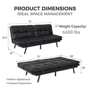 TMEOSK 71" PU Convertible Futon Sofa Bed, Modern Folding Lounge Couch Loveseat Sleeper Sofa, Upholstered Couch with Adjustable Back for Living Room Bedroom Apartment (Black + PU)