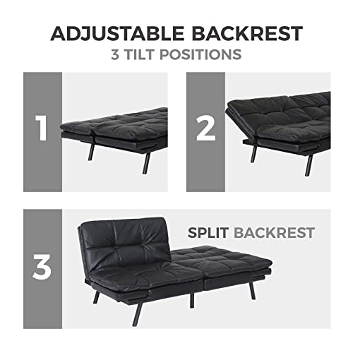 TMEOSK 71" PU Convertible Futon Sofa Bed, Modern Folding Lounge Couch Loveseat Sleeper Sofa, Upholstered Couch with Adjustable Back for Living Room Bedroom Apartment (Black + PU)