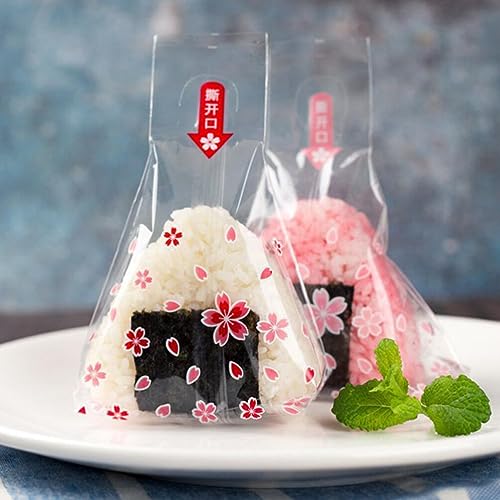 ULTECHNOVO 100Pcs Triangle Onigiri Wrappers Plastic Rice Balls Bags Disposable Sushi Packing Bags Japanese Onigiri Bags with Stickers