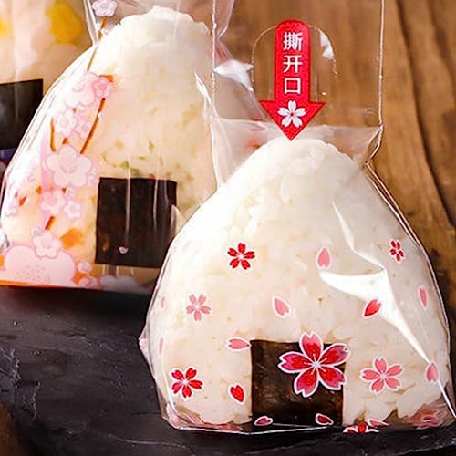 ULTECHNOVO 100Pcs Triangle Onigiri Wrappers Plastic Rice Balls Bags Disposable Sushi Packing Bags Japanese Onigiri Bags with Stickers